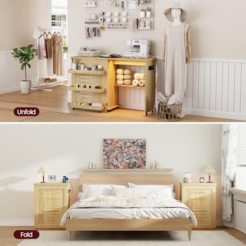 Lvifur Folding Sewing Table - with Storage, Lighted Sewing Cabinet with Charging Station, Farmhouse Sewing Desk with Motion Sensor Lights, Cutting Table with 3 Storage Trays,6 Wheels,Natural 7