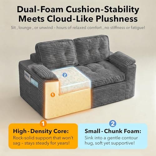 Fabulcozy Loveseat Sofa, Boneless Cloud Couch for Living Room 2 Seater Modern Lounge Sleeper Couch with Removable Cover Corduroy Sofa with Armrest, Seat Cushion & Pillows for Small Spaces, Dark Grey 6