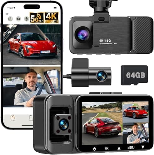 LECTRUS 4K Dash Cam Front and Rear Inside, 3-Channel Cars Camera Dash with 170° Wide Angle, Free 64GB SD Card, 5.8GHz WiFi, Night Vision, G-Sensor, Loop Recording, Parking Monitor, USB C, Max 256GB