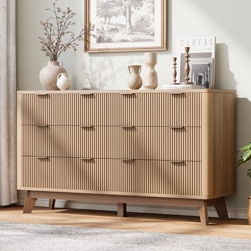 Fluted 6 Drawer Dresser,54" Wide Wooden Chest of Drawers,Mid-Century Modern TV Stand for Bedroom,Dresser TV Stand,Clothes Storage Organizer with Rounded Edges for Living Room,Hallway,Natural Oak