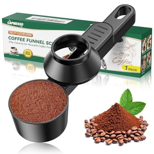 CAPMESSO Coffee Scoop & Funnel for Reusable K Cup Refillable Coffee Pods: 2 Tablespoon Coffee Measuring Scoop - Easy Slide Scoop for Ground Coffee, Protein Powder, Tea without Spilling (1 Pack)