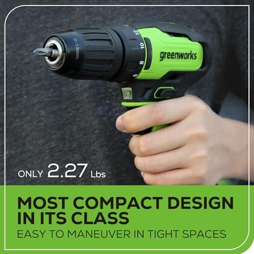 Greenworks 24V Brushless Cordless Drill Kit, 310 in./lbs, 18+1 Position Clutch, 1/2 '' Keyless Chuck, Variable Speed, Battery With 2A Charger, LED Light 8