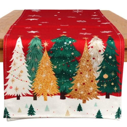 Christmas Table Runner: 13x72 Inch Xmas Trees Snowflakes Winter Holiday Decorative for Kitchen Dining Indoor Home Farmhouse Dinner Party Decor (Red)