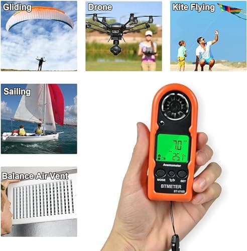 BTMETER Anemometer Handheld Wind Speed Meter, BT-816B Mini Digital Air Flow Meter with LCD Backlight/Wind Chill & Temp, Max/Avg/Current Mode to Measure Air Flow Velocity for Sailing Drone Golf HVAC 6