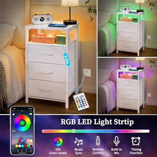 Yoobure Night Stand with Charging Station, 16 Colors LED Nightstand with USB Ports and Outlets, End Table with 3 Fabric Drawers and Storage Shelf, Bedside Tables Small Dresser for Small Space White 4