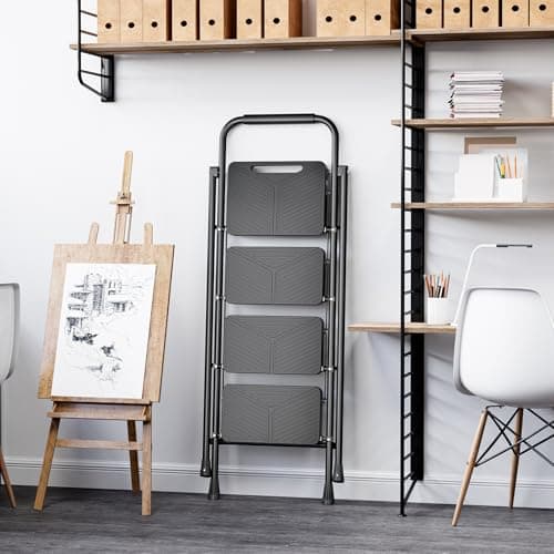 KINGRACK Folding 4 Step Ladder, Portable Ladder for Multi-Purpose, Home, Kitchen, Heavy Sturdy Steel Step Stool with Anti-Slip Wide Pedals, Handrail, Safe-Lock Design, Pass 500lbs Load Testing, Black 6