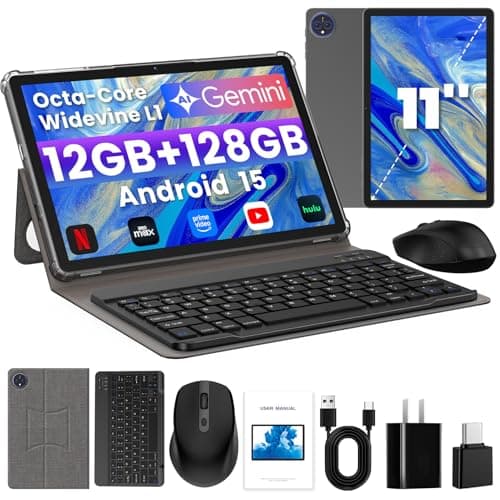 Winsing Tablet, Android 15 Tablets 11 Inch with Keyboard/Case, 12GB RAM, 128GB Storage Expandable to 2TB, Octa-Core, 12H Battery Life, 2 in 1 Tablets with Mouse for Learning, Gaming, Streaming