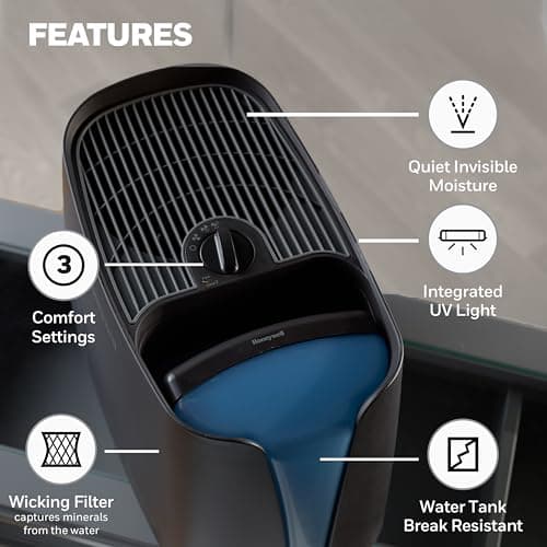 Honeywell Cool Moisture Humidifier For Bedroom, Medium Rooms, 1.1 Gallon, Invisible Moisture Humidifier for Baby, Kids, Quiet, Easy to Clean, UV Technology, Black, HCM350B 8