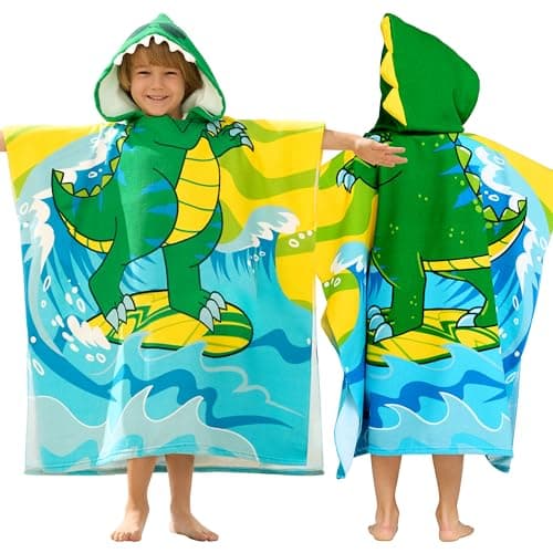 Joiedomi Dinosaur Kids Beach Towels with Backpack Hooded Toddler Bath Towel for Girls Boys 3-10 Years Absorbent Quick Dry Soft Microfiber Poncho Cover ups Lightweight 30" x 30" for Beach Swim Pool