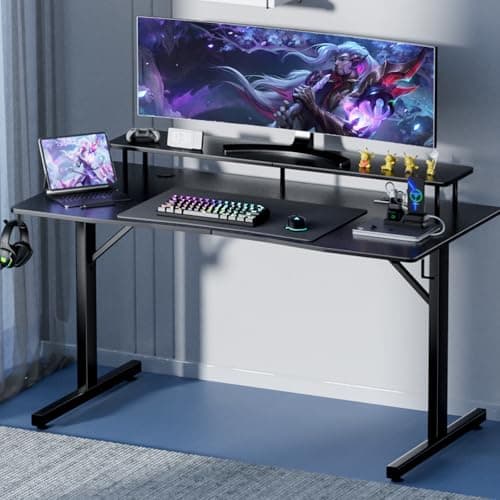 GTPLAYER 55 Inch Gaming Desk with LED Lights & Power Outlet, Computer Gamer Desk with Monitor Stand, Ergonomic Carbon Fiber Gaming Table Home Office Desk with Headphone Hook & Mouse Pad 7