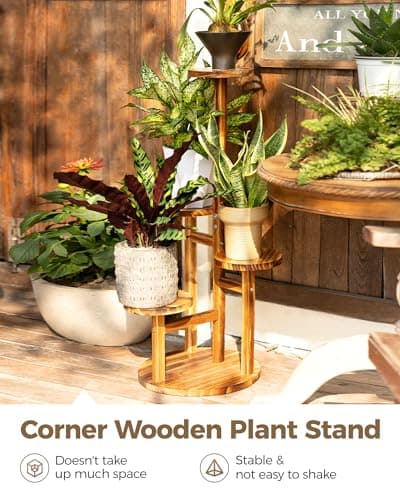 Bamworld Plant Stand Indoor Plant Shelf 4 Tier Wood Plant Stand for Multiple Plants, Tall Corner Plant Stands for Outdoor Round Flower Stand Plant Holder for Living Room Patio Garden Balcony 6