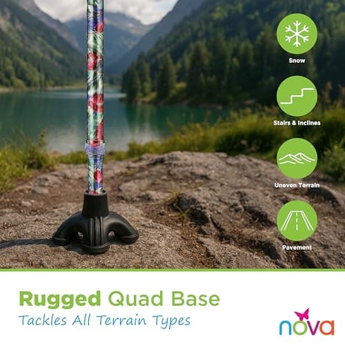 Nova Joy Designer Offset Quad Cane for Seniors - Unisex Adjustable Lightweight Walking Aid with Foam Handle, Wrist Strap and Anti-Rattle Lock - Essential Mobility Support - Canterbury 5
