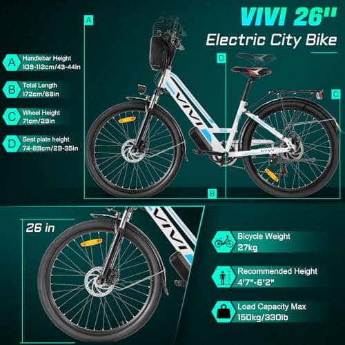 Vivi MT26GUL Electric Bike 26" Step Through Electric Bicycle with Removable 48V 374.4Wh Battery, 750W Peak Motor, 21.7Mph Top Speed, Up to 50 Miles, Cruise Control, 7 Speed, SGS Certified to UL2849 8
