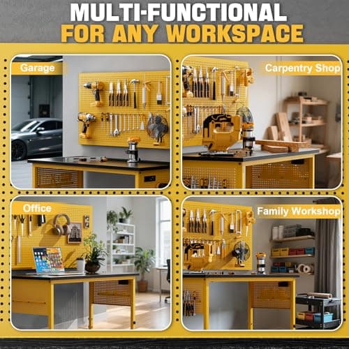 Work Bench, Ferreteriai 47" Heavy Duty Workbench with Power Outlet & USB-C, Exclusive Yellow Side Battery Holder, Adjustable Height, 2100LB Capacity, Locking Wheels for Garage Workshop 9