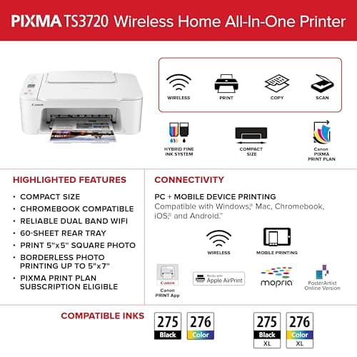 Canon PIXMA TS3720 Wireless All-in-One Printer for Basic Home Printing, White 6