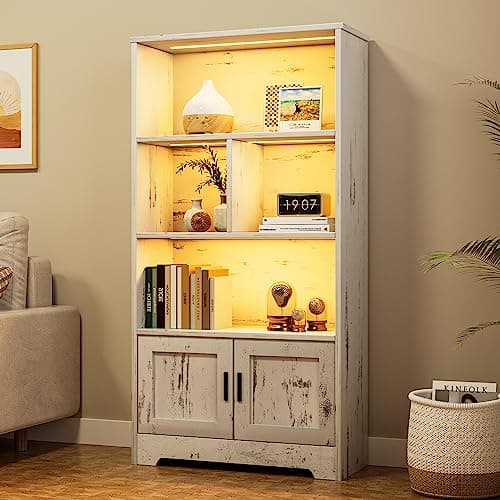 IDEALHOUSE Wood Bookcase with Doors White Bookshelf with LED Lights Modern Storage Rack 3 Shelf Standing Bookshelves Large Display Shelf Unique Book Shelf for Bedroom, Living Room, Home Office