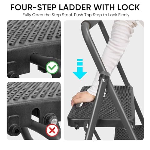 TICONN 4 Step Ladder, Heavy Duty Foldable Step Stool, Portable Steel Folding Stool for Household Garage Storage (Black) 5