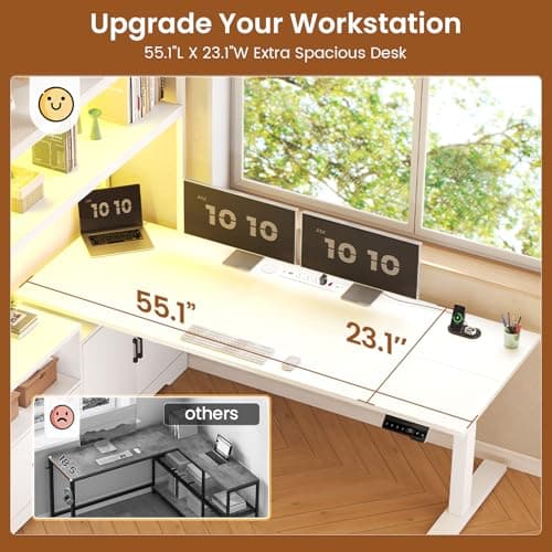 SEDETA 56.7" L Shaped Standing Desk, Reversible Computer Office Desk with Drawers & Hutch, Stand Up Corner Gaming Desks with LED Lights & Power Outlets for Home Office, White 6