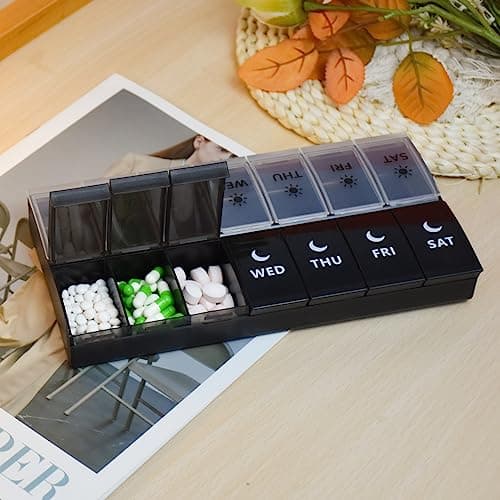 Large Pill Organizer 2 Times a Day, Weekly Pill Case, AM PM Pill Box, Day Night Pill Container 7 Day, Vitamin Case Medicine Dispenser Twice a Day (Black & White) 6
