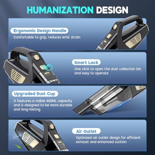 CKIKH Handheld Vacuum Cordless, 15000PA Strong Suction Hand Held Car Vacuum Cleaner Portable with Multi-Nozzles & Washable Filter, Lightweight Dust Busters Rechargeable for Home, Car, Office, Pets 5