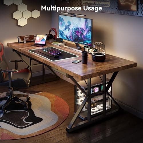 LITTLE TREE 70.8-Inch Office Desk, Wooden Executive Office Desk, Modern Work Desk, Large Farmhouse Writing Table Computer Desk for Home, Brown-Black 7