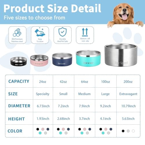 StarSpeed 24oz Stainless Steel Dog Bowls with Rubber Bottom Non-Slip Double Wall Metal Outdoor Dog Food and Water Bowls Weighted Insulated Pet Feeding Bowl for Small,Medium Sized Dogs or Cats 6