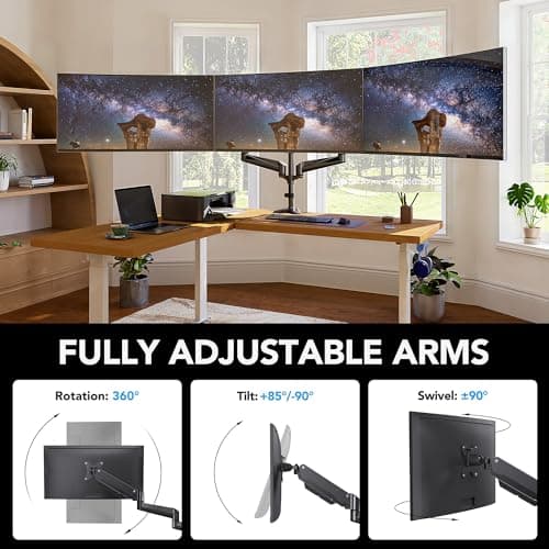 HUANUO Triple Monitor Mount for 17 to 32 inch Screens, Adjustment Gaming Triple Monitor Stand with Swivel, Tilt, Rotation, Clamp & Grommet Kit 5