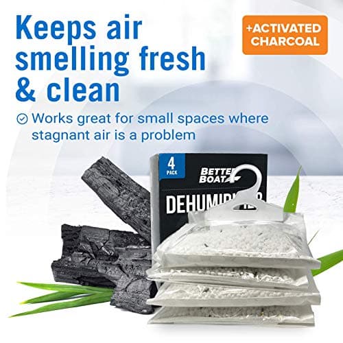 4 Pack Moisture Absorber Hanging Bags, Boat Dehumidifier with Charcoal, Unscented, Removes Dampness and Musty Odors, Ideal for Basement, Closet, Home, Car, RV, and Boating 7