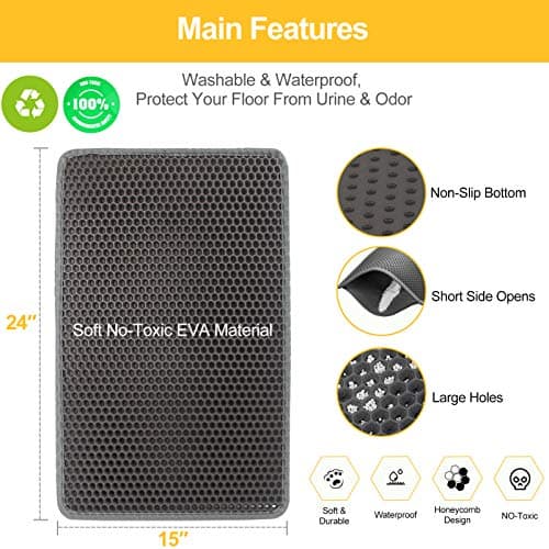 LeToo Cat Litter Mat Grey Trapping for Litter Box, No Slip & Large, Urine & Waterproof, Honeycomb Double Layer Anti Tracking Kitty Mats, No Phthalate, Washable Easy Clean (24" x 15", Grey) 6