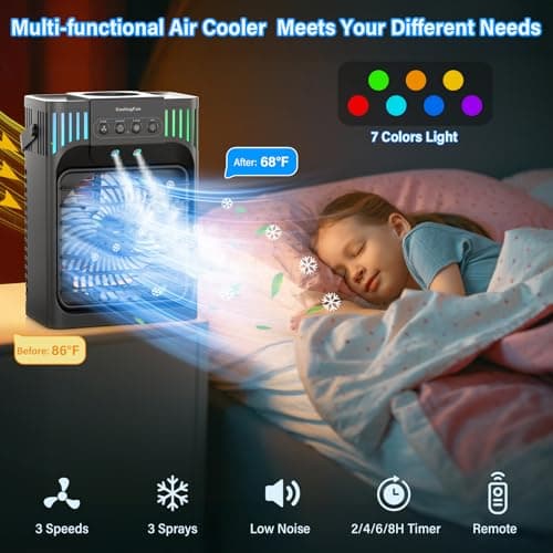 Portable Air Conditioners,4-in-1 Evaporative Air Cooler with 3 Speeds, 3 Modes & 7 LED Light Cooling Fan with Remote, 2-8H Timer, 1200ML Personal Mini Air Conditioner for Bedroom and Office 5