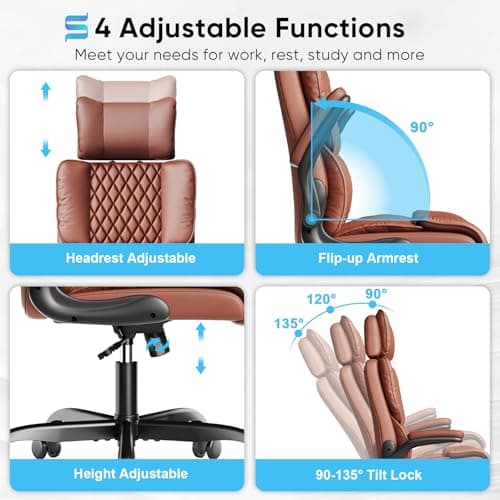 Sytas Executive Office Ergonomic Chair with Adjustable Headrest, PU Leather Desk Chair, High-Back Swivel Task Chair for Home Office, 135° Reclining, Brown 5