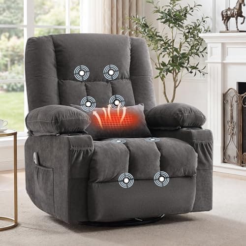Swivel Recliner Chair for Adults with Vibration Massage and Lumbar Heat, Oversized Ergonomic Rocking Chair for Living Room and Bedroom, Featuring Side Pocket, 2 Cup Holders & USB Charge Port