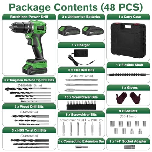 Ginour 21V Brushless Cordless Hammer Drill 442 in.lbs 18000BPM 3/8" Keyless Chuck Impact Drill with 2 Batteries and Charger 23+3 Clutch, 47PCS Accessoires for Metal, Wood, Brick Wall 5