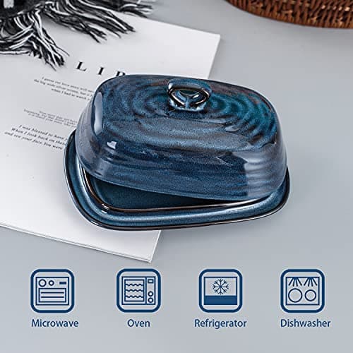 Hasense Butter Dish with Lid, Ceramic Butter Dish with Knife for Countertop with Covered, Large Butter Keeper Handle Design, Blue 5