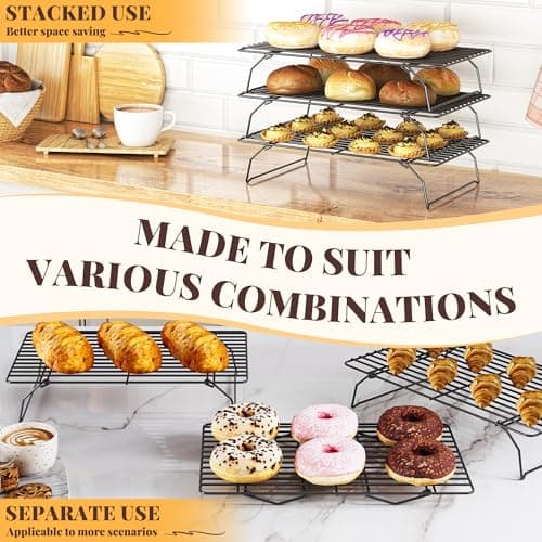Cooling Racks for Cooking and Baking - 3 Tier Stackable Grid Wire Baking Rack for Oven Cooking, Baking, Grilling, Roasting - Dishwasher Safe Bacon Rack - Black 7