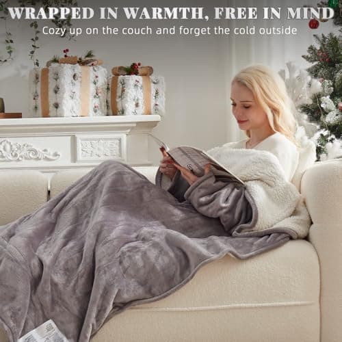 Richtry Electric Blanket Wearable with Foot Pockets & Sleeves, Electric Heated Snuggle Blanket, Flannel & Sherpa Heating Throw with 10 Heat Settings, 1-12 Hours Auto Shut-Off, 50"×70", Grey 7