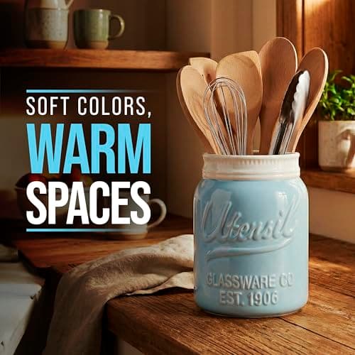 Comfify Wide Mouth Mason Jar Utensil Holder Decorative Kitchenware Organizer Crock, Dishwasher Safe - Kitchen Caddy Aqua Blue for Countertop, Large Size 7" Hight 5