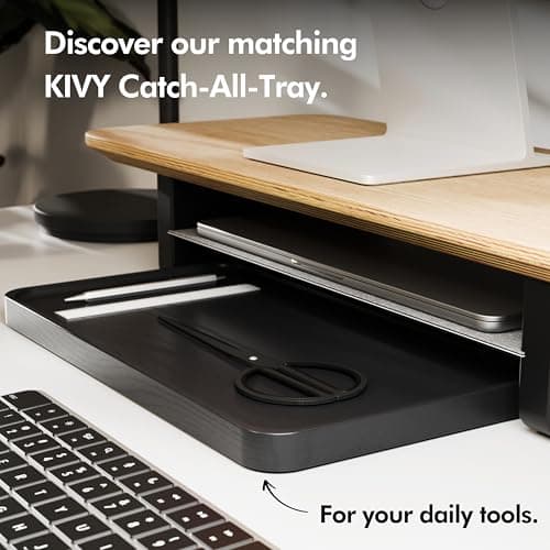 KIVY Dual Monitor Riser with Integrated Metal Shelf - Wooden desk shelf for top of desk - Wood monitor stand for desk 2 monitors / tv - Dual monitor stand riser for desk - Large walnut monitor stand 7