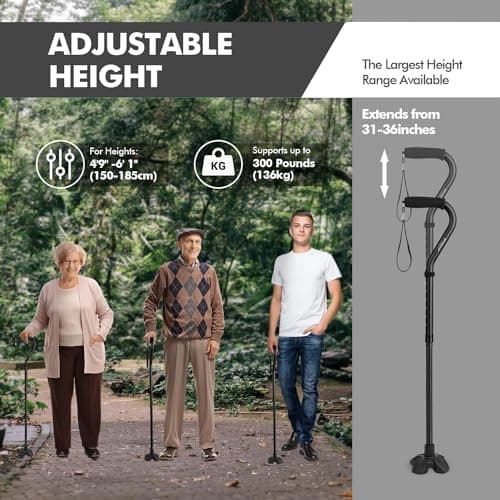 GPTCAMP G1 Walking Stick, Walking Cane for Women & Men with Wrist Strap, Lightweight & Sturdy Offset EVA Handle, Large Quad Base, Self Standing for Seniors and People with Injuries & Recovery 6