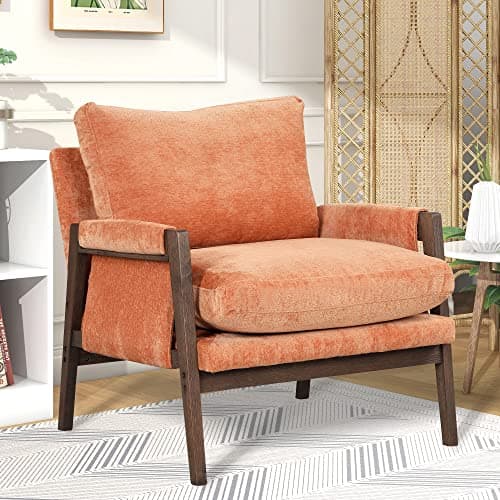 Modern Accent Chair, Velvet Armchair with Solid Wood and Thick Seat Cushion, Leisure Chair for Living Room,Bedroom (Orange/Velvet/Velvet1)