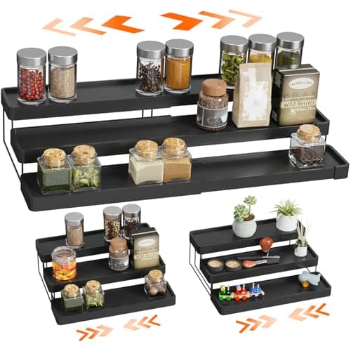 INVOCOO Expandable Spice Rack Organizer - 3 Tier Adjustable Spice Organizer for Cabinet & Countertop - Easy Visibility - Black