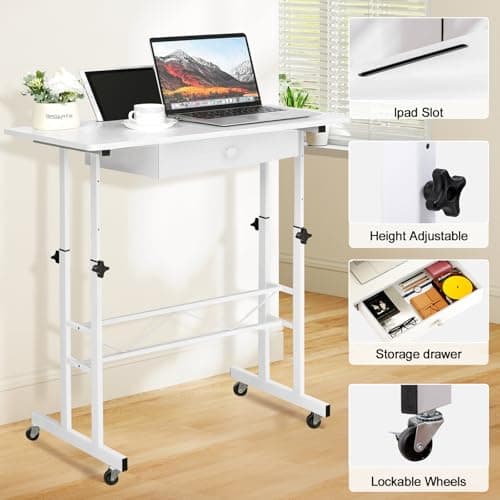 GTRACING Small Standing Desk Adjustable Height Small Computer Desks Mobile Portable Rolling Laptop Table with Wheels 32" Sit Stand Desk Portable Desk Standing Table Treadmill desks 7