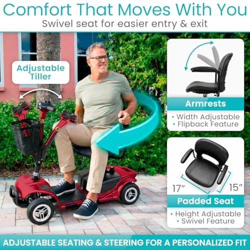 Vive 4 Wheel Mobility Scooter - Electric Powered Wheelchair Device - Compact Heavy Duty Mobile for Travel, Adults, Elderly - Long Range Power Extended Battery with Charger & Basket 5