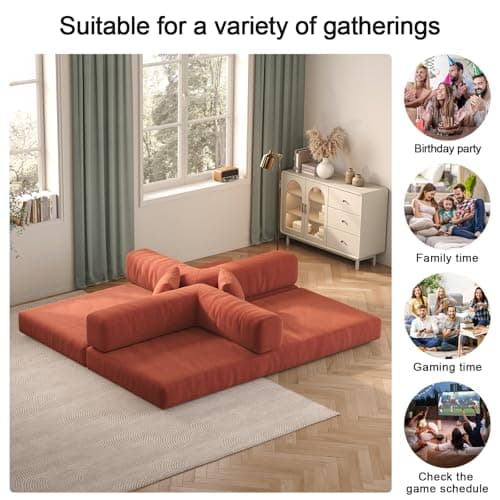 5-in-1 Folding Convertible Sofa Bed, Loveseat Sleeper with Pull-Out Bed, Floor Sofa Modular Futon Couch, 79" Oversized Corduroy Upholstered Boneless Couch for Living Room, Bedroom, Lounge, Orange 6