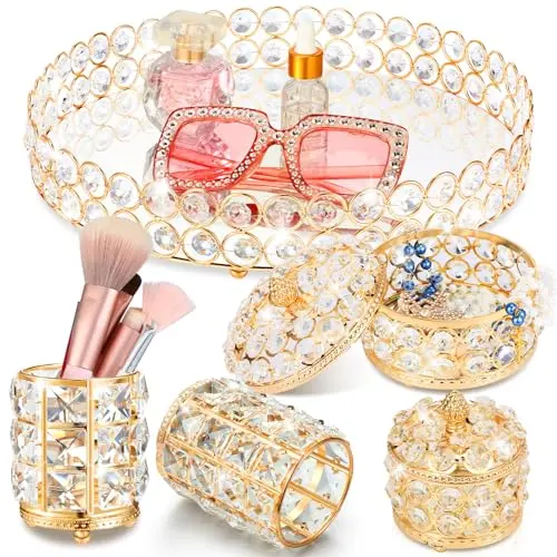 Tioncy 5 Pieces Crystal Makeup Decorative Vanity Perfume Tray Set Mirrored Cosmetic Brush Holder for Dresser Glass Jewelry Organizer Box Home Decor Table Accessories(Gold)