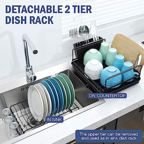 TOOLF Dish Drying Rack, 2 Tier Dish Rack for Kitchen Counter, Dish Drainer with Cutlery & Cup Holder Auto Drainage System, Black 6