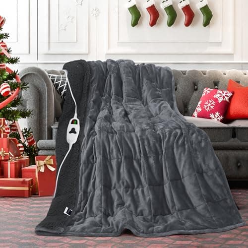 greenoak Heated Weighted Blanket for Adults - Sherpa Fleece Electric Throw Blanket (50”x60”, 13lbs, Grey) - Thick Soft Warming Plush Heating Blanket with 10 Heating Levels & 1-8 Hours Auto Off