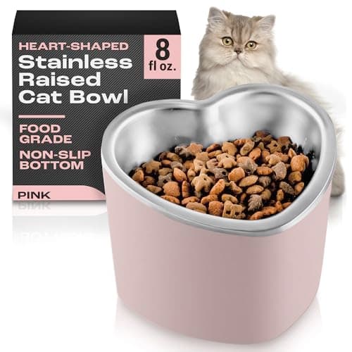 OCM Raised Cat Bowl – 8oz Heart Shaped Elevated Bowls, Stainless Steel, Non-Slip, Promotes Digestion, Reduces Vomiting, Indoor Cat & Small Dog Bowls (Pink)