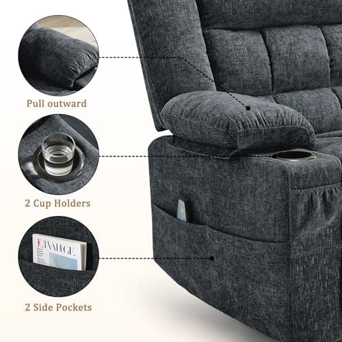 Korser 360° Swivel Rocker Recliner for Adults, Nursery Glider Recliner with Massage and Heating, Rocking Chair with Cup Holder, Manual Recliner Chair for Living Room, Bedroom (Fabric, Dark Gray) 6