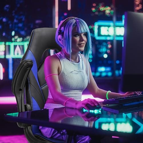 Sweetcrispy Computer Video Game Chair - Ergonomic Home Office with Comfy Lumbar Support, PU Leather Height Adjustable with Flip-up Armrest and 360° Swivel Wheels, Blue, for Adults, Teens 5